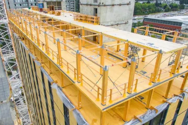 Brock Commons has a concrete podium and two concrete cores, with 17 stories of cross-laminated-timber floors supported on glue-laminated wood columns. | Cement Association: BC Government Needs to Make Wood Building Safety a Priority