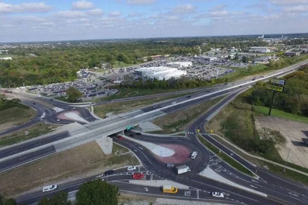 The Range Line/I-70 interchange was converted from a signalized diamond interchange to a dog-bone configuration, which consists of two tear shaped roundabouts that join together to form a single roundabout. | Parsons wins ACEC/MO award for Columbia I-70 Bridges Project