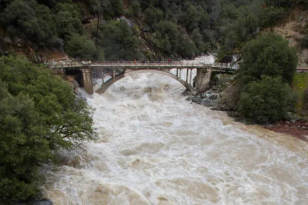 Old Route 49 bridge crossing over the South Yuba River in Nevada City, Calif. saw local and regional visitors during the atmospheric river event across Northern California on January 9, 2017. (Image credit: Kelly M. Grow/California Department of Water Resources) | Stanford researchers study whether risk of bridge collapses underestimated