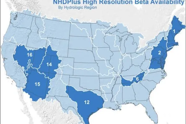 Graphic to illustrate the NHDPlus High Resolution Beta availability for Hydrologic Regions 1, 2, 6, 12, 14, 15 and 16 cover over a quarter of the area of the conterminous United States. (Public domain.) | USGS releases a new geospatial framework for water-related information