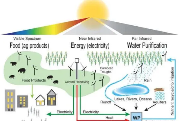 A proposal to simultaneously use different parts of sunlight’s spectrum to produce crops, generate electricity, collect heat and purify water on the same piece of land could provide resources in a “full-earth” scenario. Image: Purdue University/Rakesh Agrawal, Pamela Burroff-Murr  | Purdue researchers propose solar solution to ‘full earth’ scenario