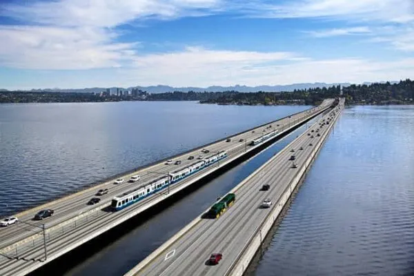 Seattle light rail construction underway on floating bridge