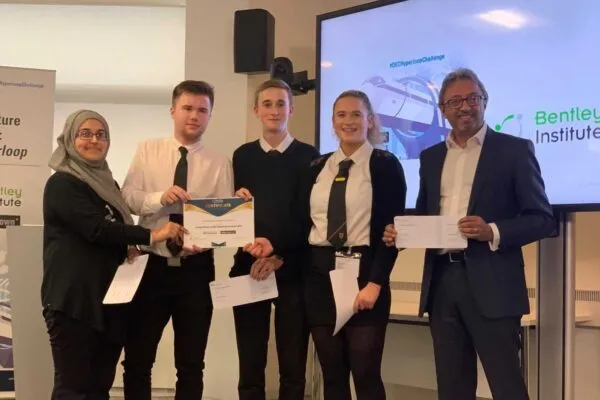 Winners of the 2019 Future Infrastructure Challenge: DEC Hyperloop is the Drummond Community High School Team (Alizah Mughal, Ryan Gordon, Wiktor Rauba, Faye Fulton) with Harj Dhaliwal, Managing Director Middle East & India, Virgin Hyperloop One, who was a member of the judging panel for the event. | Class of Your Own Announces School Curriculum Partnership  with Bentley Systems