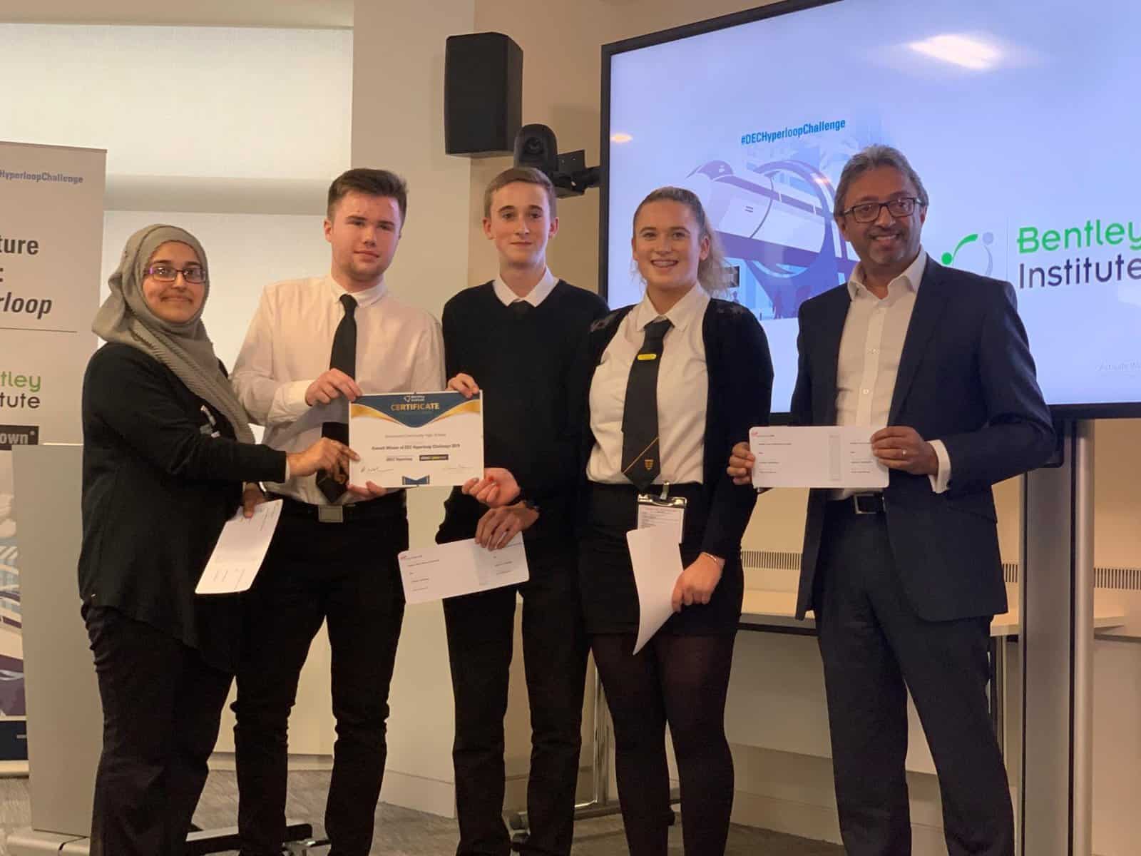 Winners of the 2019 Future Infrastructure Challenge: DEC Hyperloop is the Drummond Community High School Team (Alizah Mughal, Ryan Gordon, Wiktor Rauba, Faye Fulton) with Harj Dhaliwal, Managing Director Middle East & India, Virgin Hyperloop One, who was a member of the judging panel for the event. | Class of Your Own Announces School Curriculum Partnership  with Bentley Systems