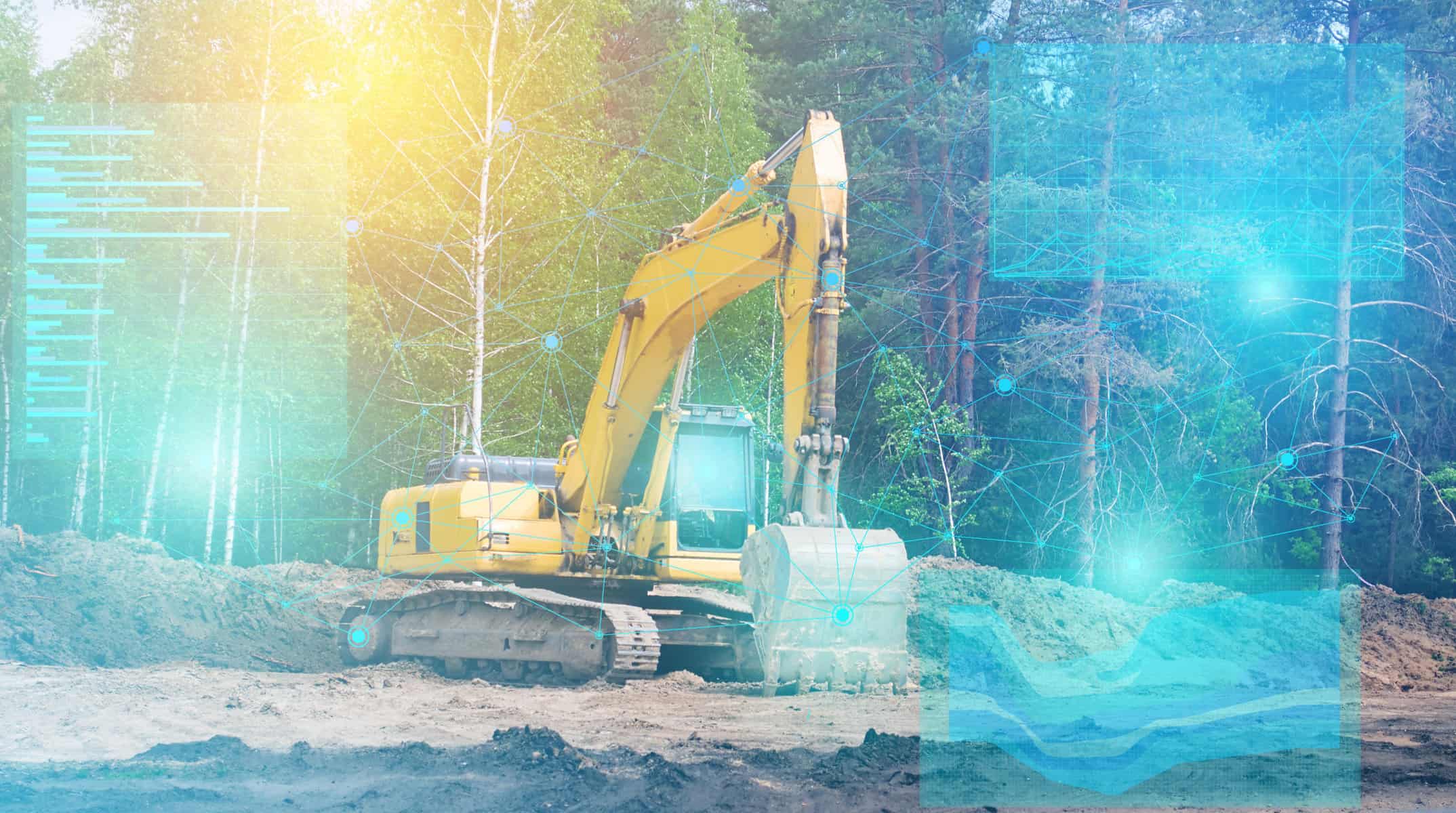 The artificial intelligence built into the excavator of the future generation controls it and conducts geodetic research for future construction. augmented reality view | The Next 5 Years: Building an AI Future for the Construction Industry