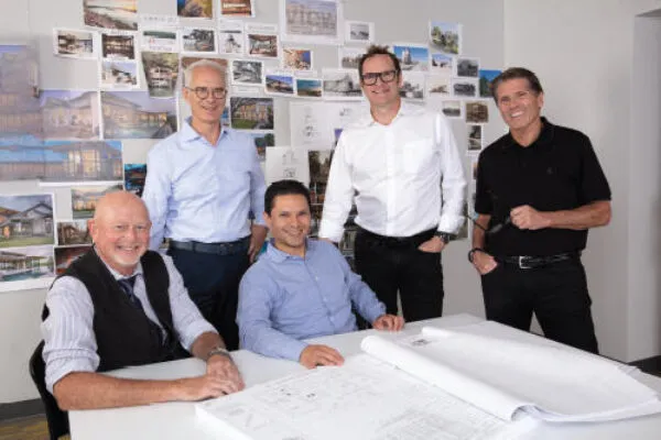 From left: three principals Rocky berg, Carl Ede, Rob Lara, David C. Fowler, and president Gary Koerner. | Award-winning Architecture Firm, three, Expands Team and Debuts New Branding Nationally