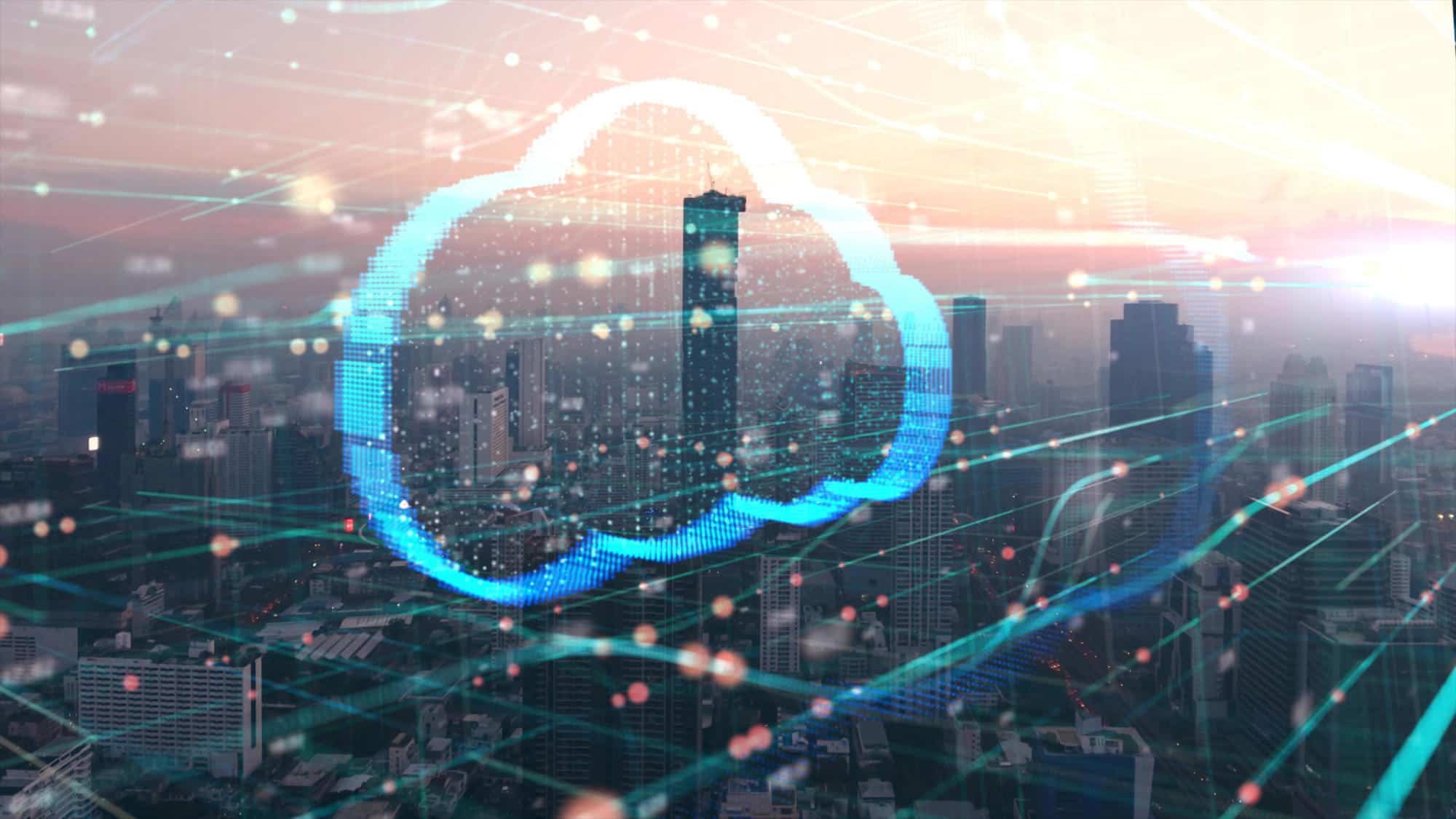 Double exposure the cityscape and clouds technology,Futuristic computer digital Abstract  background | Building resiliency into construction businesses with cloud-based technology