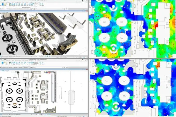 Top left illustrates a 3D model of a retail operation created using OpenBuildings Station Designer. Bottom left shows 2D floor plans that are then imported into LEGION Simulator (right) to test two scenarios. Examples shown are at occupancy rates of 75% (top) and 25% (bottom) to comply with social distancing requirements. | To Help Building and Facilities Managers Meet the Demands of Social Distancing, Bentley Systems Opens Up Full Access to LEGION Simulator and OpenBuildings Station Designer and Waives Subscription Fees through September 30