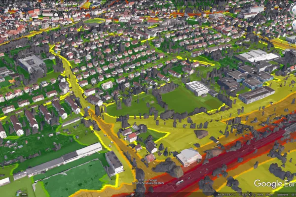 SoundPLANnoise 8.2 combines environmental data with terrain maps, such as Google Earth, to give you a very realistic picture of how the noise would propagate. | SoundPLAN launches SoundPLANnoise version 8.2 – the world leading noise modelling and mapping software