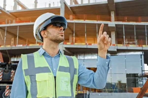 Futuristic Architectural Engineer Wearing Augmented Reality Headset and Using Gestures to Control Commercial / Industrial Building Construction Site. In the Background Skyscraper Formwork Frames and Industrial Crane | How Do Wearables Improve the Construction Industry?
