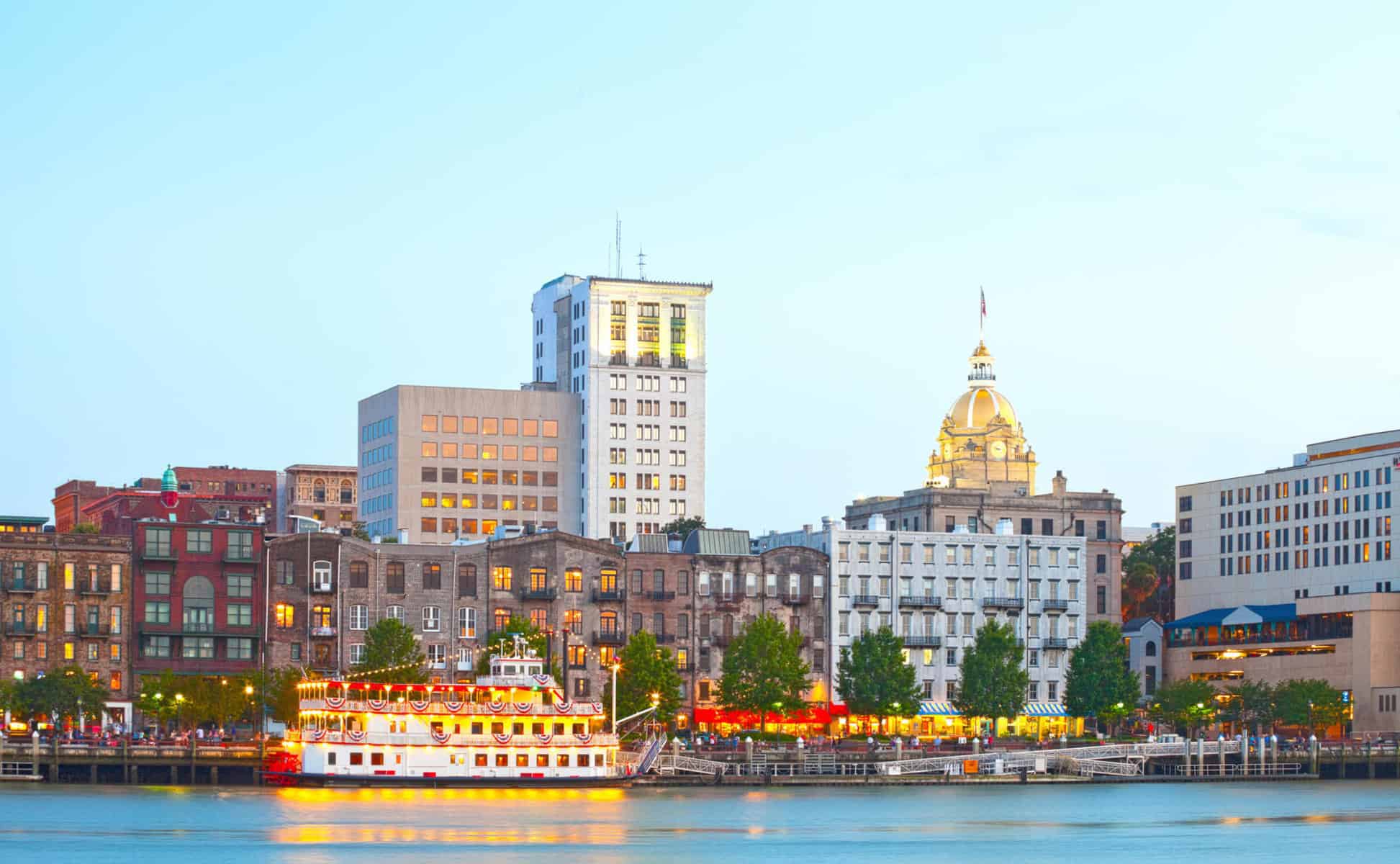 Savannah Georgia USA, skyline of historic downtown at sunset with ...