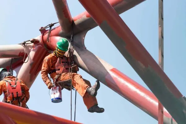 Workers working at height to paint the jack up oil and gas rig with full personnel protective equipment | Tackling High Moisture Conditions with Cortec® Micro-Corrosion Inhibiting Coatings™