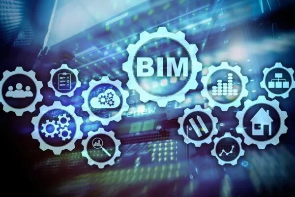 Building Information Modeling. BIM on the virtual screen with a server data center background. | Coming Soon: Practical BIM Implementation for Facility Management