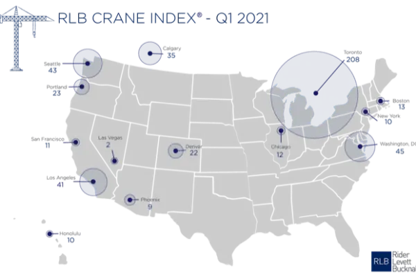 New Crane Index and Quarterly Cost Report from Rider Levett Bucknall Chart Construction Trends in Cities Throughout North America