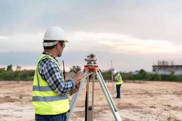 Surveyor equipment. Surveyor’s telescope at construction site or Surveying for making contour plans are a graphical representation of the lay of the land before startup construction work | Digital Twin Consortium Announces Liaison with Royal Institution of Chartered Surveyors