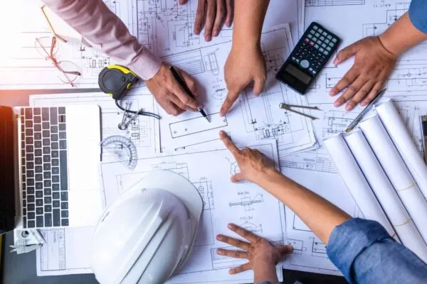 engineers pointing to building on blueprint and using laptop to drawing design building Project in office, construction concept. Engineer concept | Identifying and Implementing Project Controls in Design-Build Project Environments