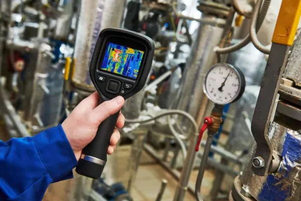 plumber technician uses thermal imaging camera for overheating temperature inspection central heating or boiler room equipment | Westchester GeoPossibilities Gives County Property Owners the Ability to Assess All-Electric Geothermal Heating and Cooling