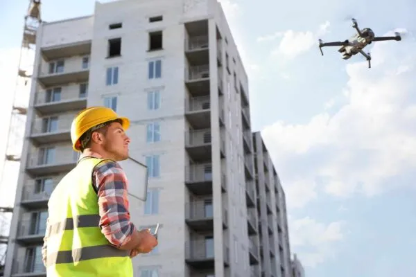 Builder operating drone with remote control at construction site. Aerial photography | Verizon launches Robotics Business Technology