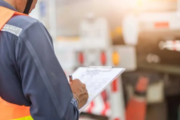 Preforming a pre-trip inspection on a truck,Concept preventive maintenance truck checklist,Truck driver holding clipboard with checking of truck,spot focus. | Florida is Leading the Way with Private Provider Inspections