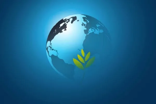 Blue Global Eco Concept Design Layout - Green Leaves and Earth Globe - Vector Template | How Net Zero Carbon Differs from Carbon Neutral