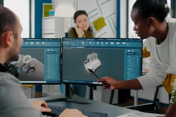 Black employee pointing on monitor explaining to project manager mechanical metalic parts of motor prototype. Industrial engineers using 3D cad program with gears shape working in creative office | Prospect by IrisVR Creates End-to-End Coordination for BIM Teams with New Immersive Issue Tracking Feature