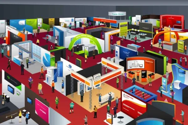 A vector illustration of people looking at an exhibition booths | THE 4th BIENNIAL QUALITY SHOW TO BE HELD OCTOBER 26-28 IN ROSEMONT, IL – THOUSANDS OF ENGINEERS AND MANUFACTURING EXECUTIVES TO ATTEND