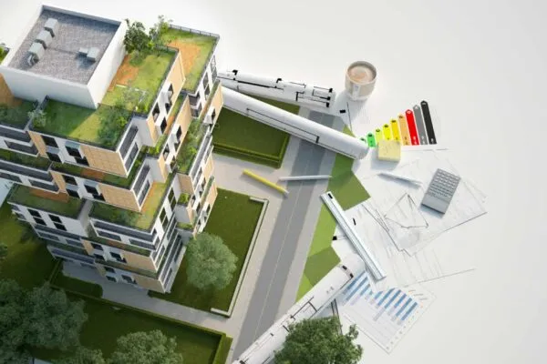 3D rendering of a Sustainable building architecture model with blueprints, energy efficiency chart and other documents | Making Construction and Demolition Waste Work Towards a Sustainable Future
