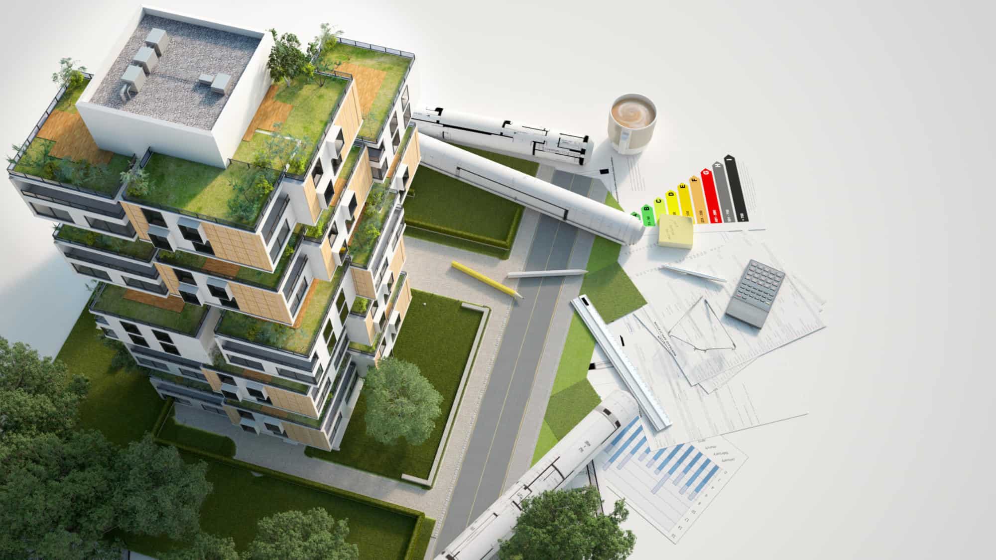 3D rendering of a Sustainable building architecture model with blueprints, energy efficiency chart and other documents | Making Construction and Demolition Waste Work Towards a Sustainable Future
