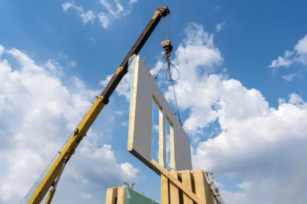 Process of crane construction of new and modern modular house from composite sip panels against background with beautiful blue sky | Modular in Modern Times