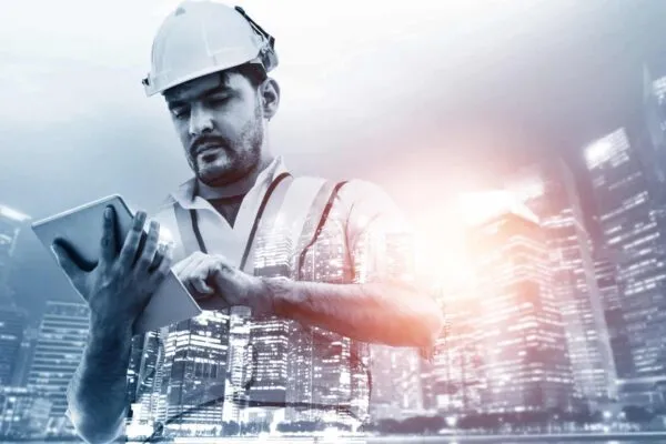 Future building construction engineering project concept with double exposure graphic design. Building engineer, architect people or construction worker working with modern civil equipment technology. | Digitization: Bringing Systems Thinking to Infrastructure Projects