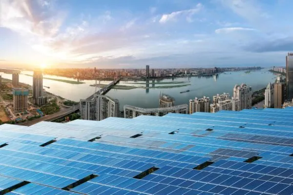Eco-environmentally friendly green energy of sustainable development of solar power plant with Shanghai skyline | UK above world average volume of research in 11 out of 16 of the United Nations’ Sustainable Development Goals