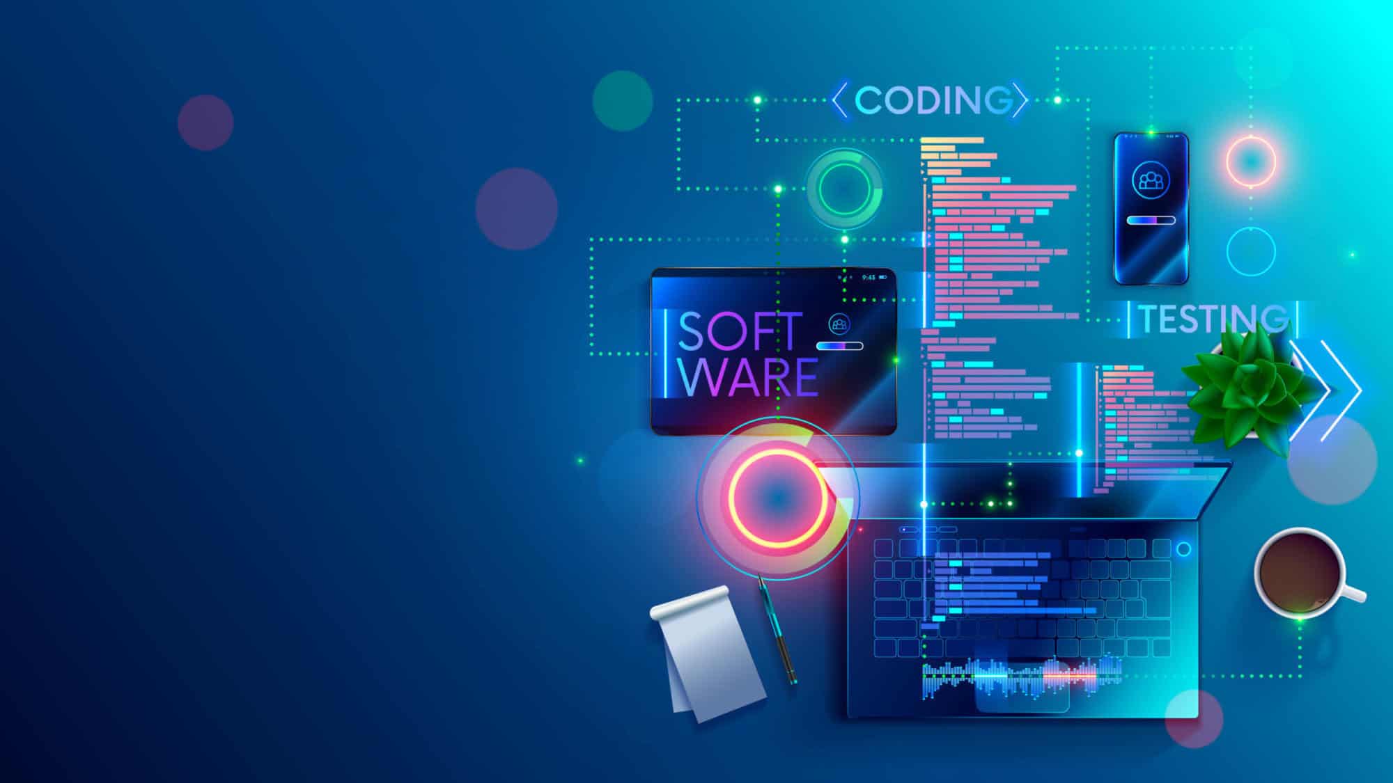 Software development coding process concept. Programming, testing cross platform code, app on laptop, tablet, phone. Create, editing script desktop and mobile devices. Technology software of business. | Shauna Garner Promoted to President of FranchiCzar – A Leader in Franchise Management Software and Services