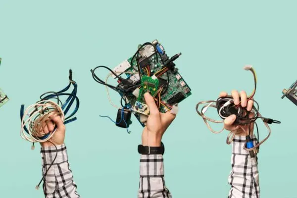 Five hands hold electrical waste on blank blue background. Ecological clean garbage concept. | Microsoft Agrees to Expand Consumers’ Repair Options