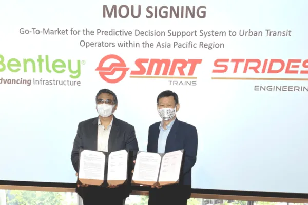 Kaushik Chakraborty, vice president, Bentley Asia South, and Gan Boon Jin, president of Strides Engineering, at the MOU signing ceremony | Bentley Systems and SMRT Trains Collaborate to Improve Safety and Reliability of Metro Rail Services in Singapore