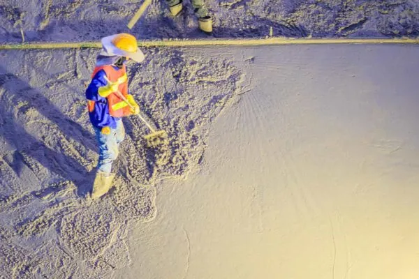 Mason worker leveling concrete with trowels, mason hands spreading poured concrete. Concreting workers are leveling poured liquid concrete on a steel reinforcement to form strong floor slab. | Mining and Concrete Industries Central to New Massive Energy Storage, Says IDTechEx