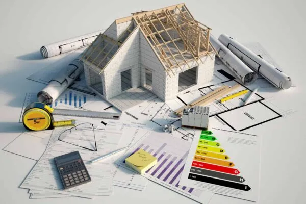 3D renderin of a house under construction on top of blueprints, mortgage forms and a energy efficiency chart | Total Construction Starts Soar in October