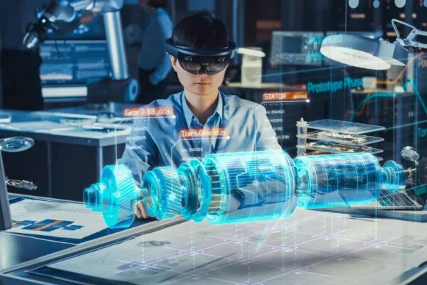 Industrial Factory Chief Engineer Wearing AR Headset Designs a Prototype of an Electric Motor on the Holographic Projection Blueprint. Futuristic Virtual Design of Mixed Technology Application. | AREA and Digital Twin Consortium Establish Strategic Relationship
