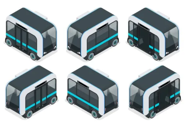 Isometric Unmanned Shuttle Bus. Automated self-driving vehicle system in city | Autonomous Vehicle Company Evocargo to Exhibit at 2022 Consumer Electronics Show