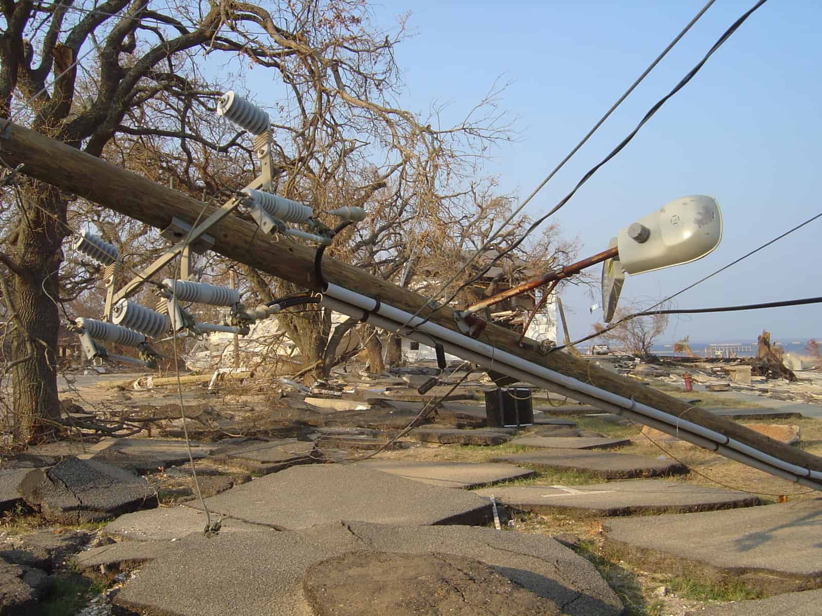 Electrical Power poles aren't so power packed after Katrina Hurricane knocked them down with a 40+ tall tidal wave in Waveland (Ironic huh?) Mississippi getting hit with the eye of the storm | Engineering experts help communities prepare for wicked weather