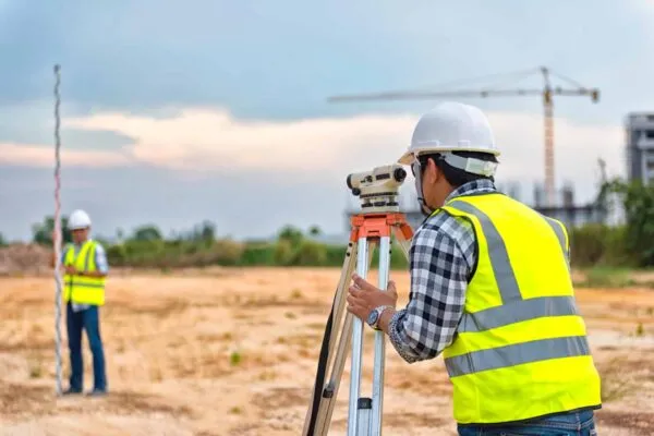 Surveyor equipment. Surveyor’s telescope at construction site or Surveying for making contour plans are a graphical representation of the lay of the land before startup construction work | Engineering Firm Psomas Acquires Seattle-based Firm KPG