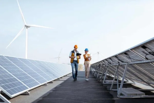 View on the rooftop solar power plant with two engineers walking and examining photovoltaic panels. Concept of alternative energy and its service | Bowman Consulting Group Ltd. Expands Building Services and MEP Practices Through Acquisition of Towson Based Kibart, Inc.