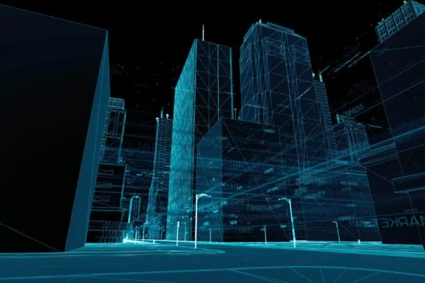 Abstract 3d city rendering with lines and digital elements. Digital skyscrappers with wireframe texture. Technology and connection concept. Perspective 3d architecture background with wireframe skyscrapers. | DIRTT announces Cornerstone Partnership with the American Institute of Architects