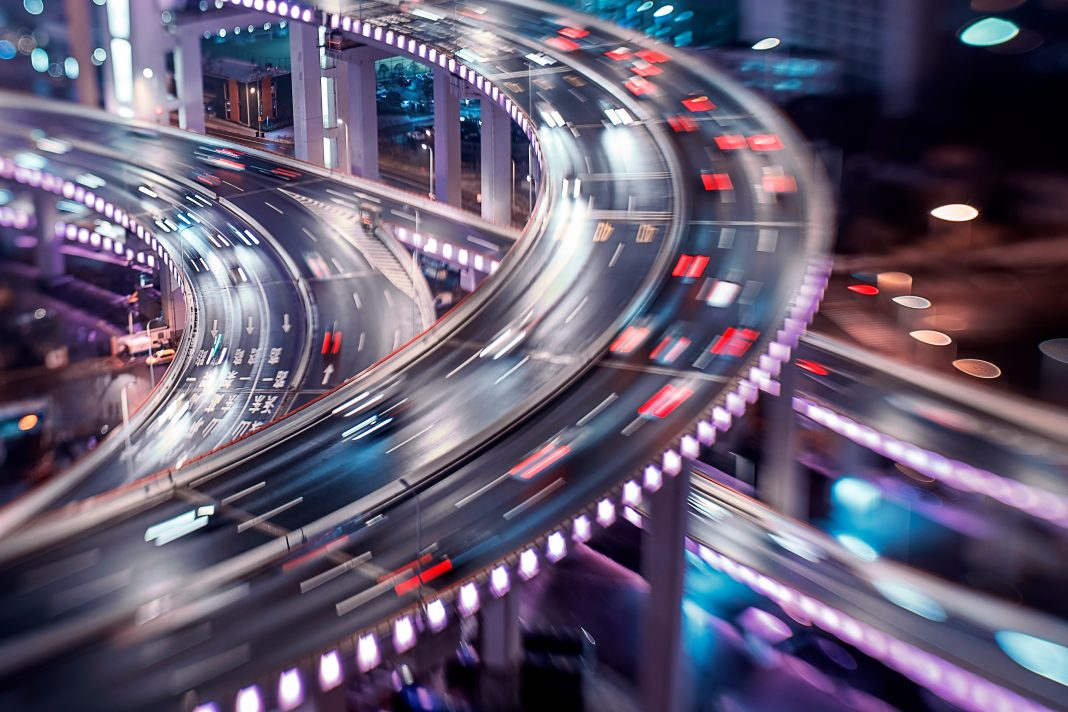 car traffic moving on Spiral Nanpu bridge in the evening, Shangh