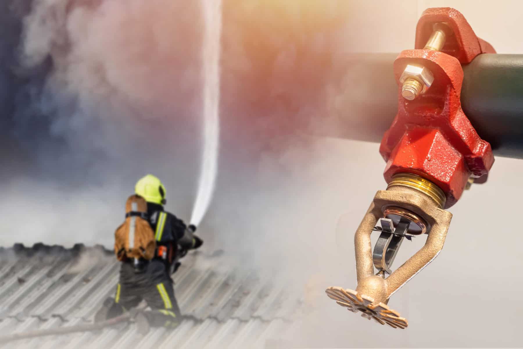 Sprinkler next to fire officer. Inter-sprinkler symbolizes fire protection equipment. Coercive measures to escape flames. Fire protection equipment. Indoor sprinkler installation. | SFPE Foundation Awards Research Grant to Study Environmental and Health Impacts of Fire and Fire-Suppression Activities During Large-Scale Fire Events