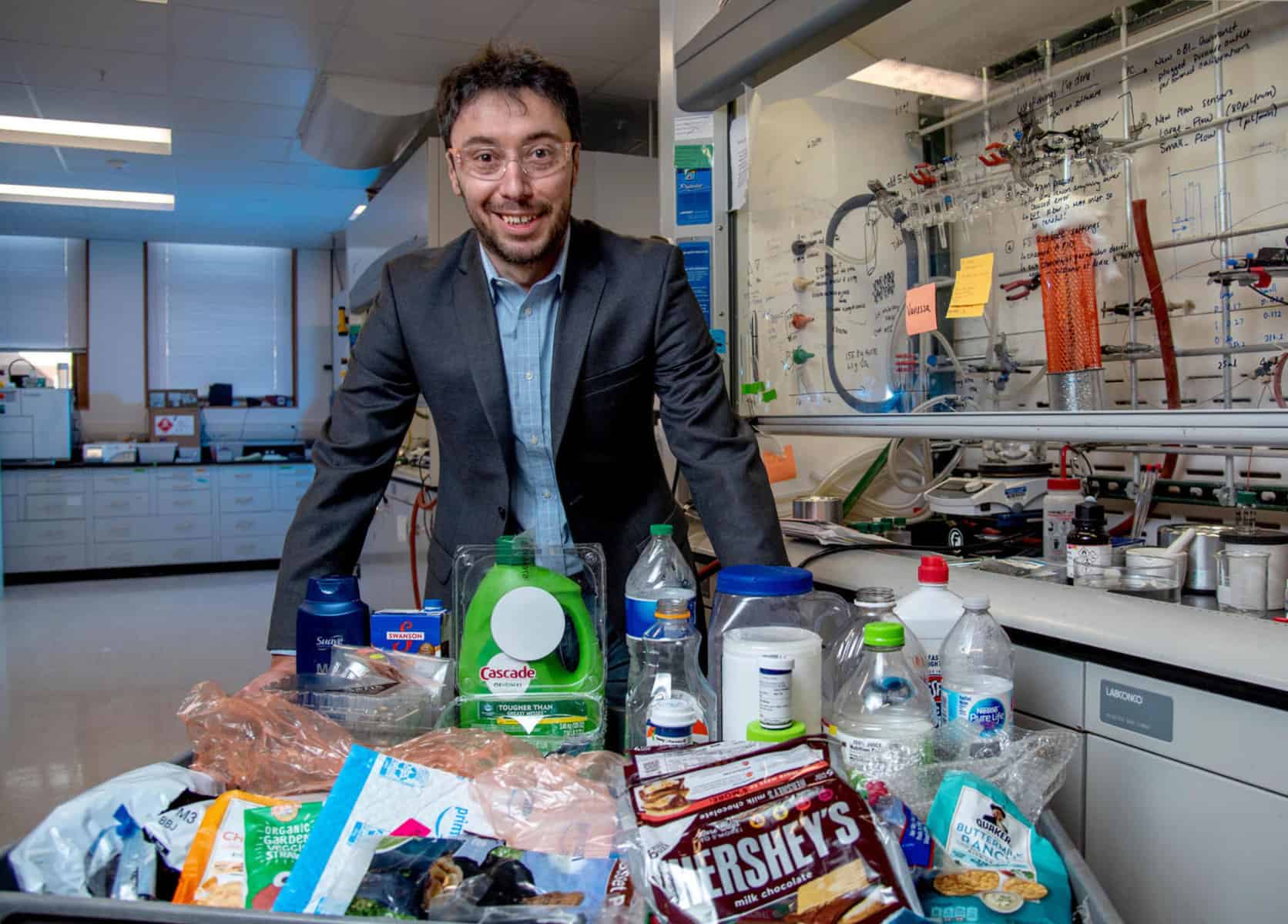 Damien Guironnet, a Chemical and Biomolecular Engineering professor, who is developing a plastic that is infinitely recyclable and biodegradable, is pictured in his lab at Davenport Hall in Urbana on Thursday, March 3, 2022. Also pictured in several images are Guironnet's Ph.D students, Vanessa DaSilva (Ph.D '25, CheBE) and Nicholas Wang (Ph.D '22, CheBE). | U of I, Braskem, and Princeton Receive DOE Grant to Engineer Bioplastic Packaging That’s Infinitely Recyclable