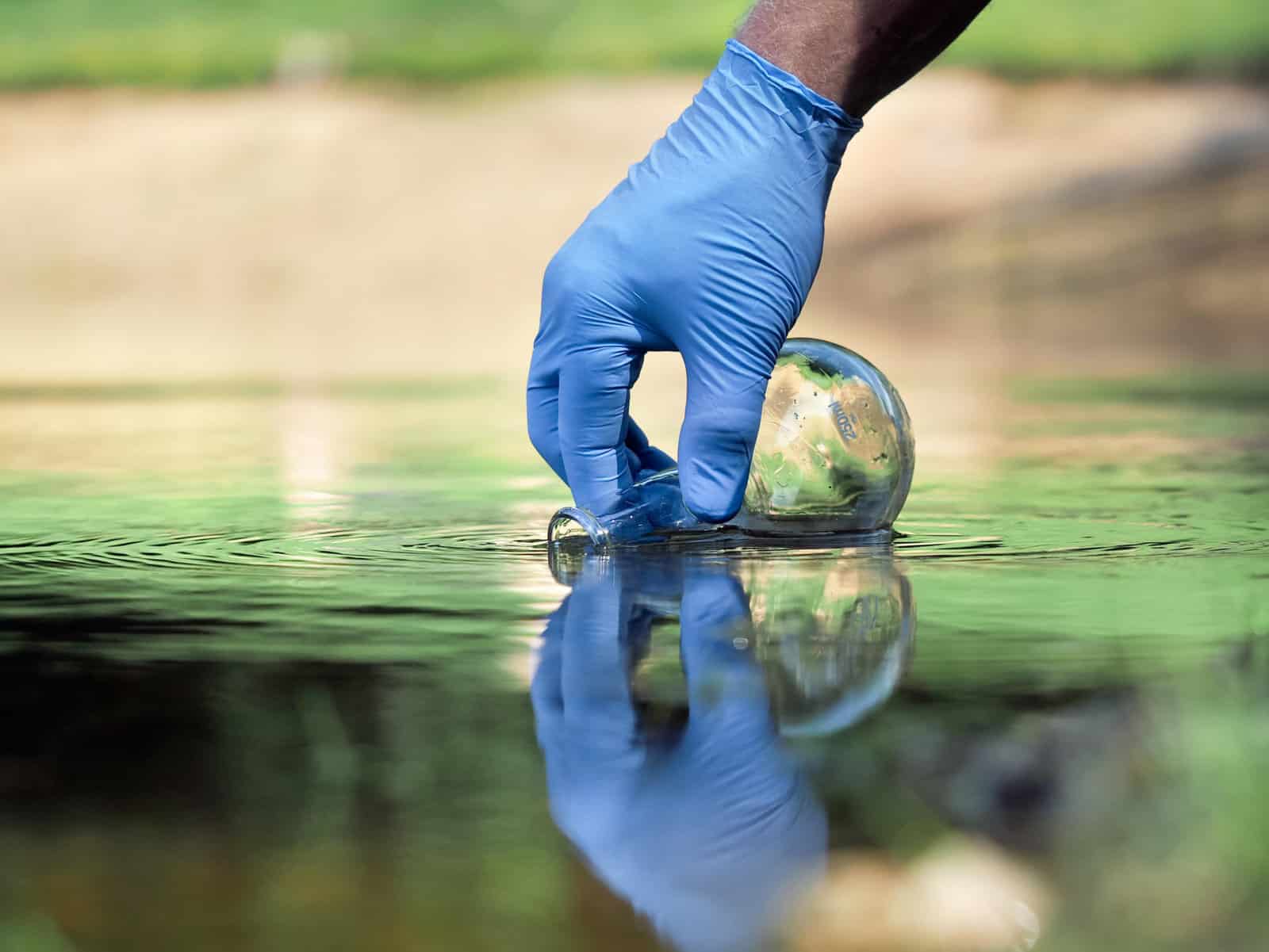 Water sample. Hand in glove collects water to explore. Concept - water purity analysis, environment, ecology. Water testing for infections, permission to swim | DoD Funds Clarkson University Professors’ Projects to Remove Toxic Chemicals From Water