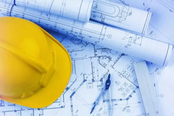 Blueprints construction and a yellow hardhat with a compass | Alberici Executive Promotions Signal Robust Growth