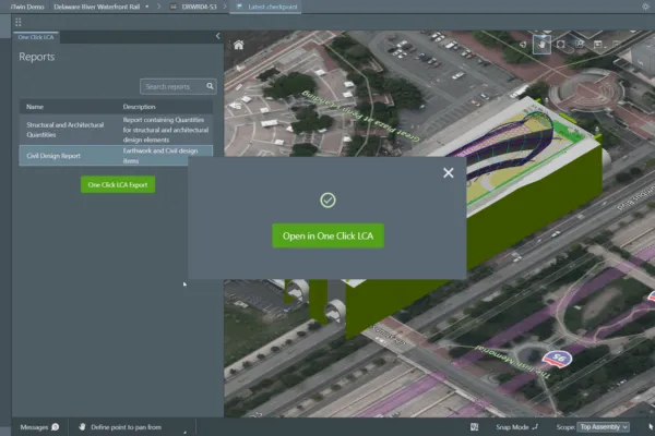 Exporting quantities to One Click LCA from an infrastructure digital twin (via the Bentley iTwin platform). | Bentley Systems Announces Availability of Life Cycle Assessment and Embodied Carbon Calculation Capabilities for Infrastructure Digital Twins