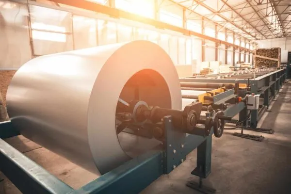Industrial galvanized steel roll coil for metal sheet forming machine in metalwork factory workshop, sunlight toned | Algoma Steel Comments on Ontario’s Recently Announced Northern Energy Advantage Program