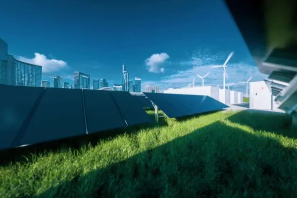 Modern black frameless solar panel farm, battery energy storage and wind turbines on fresh green grass under blue sky - concept of green sustainable energy  system. 3d rendering. | Kristina Bach Appointed President of Blue Ocean Sustainability